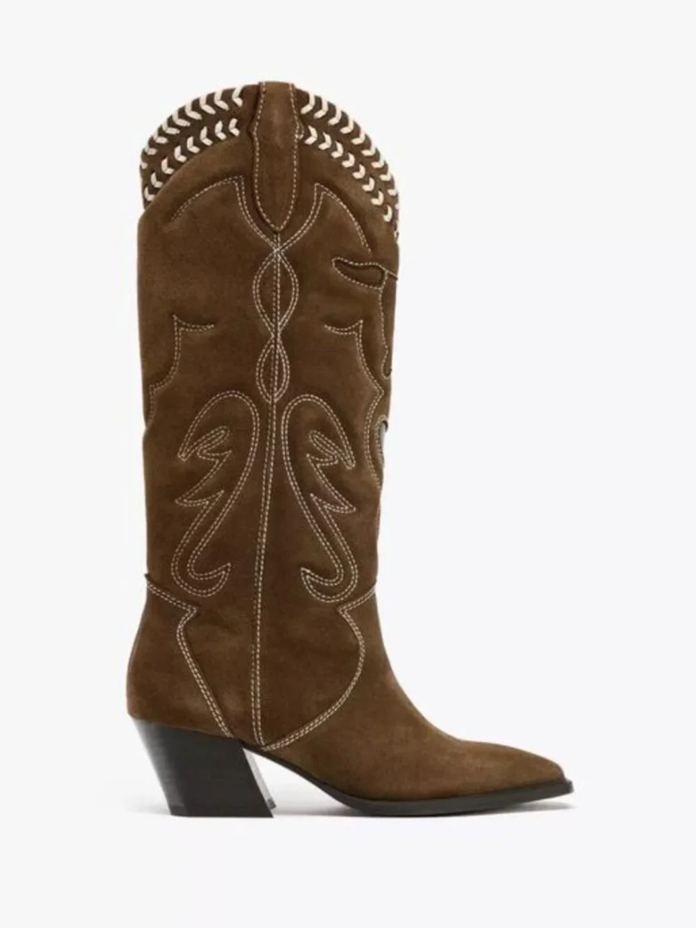 ZARA Suede Embroidered Cowboy Boots | Heart Cutout | Whipstitch | Brown | NWT |